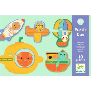 Puzzle Dúo Vehículos Djeco con 10 puzzles de 2 piezas