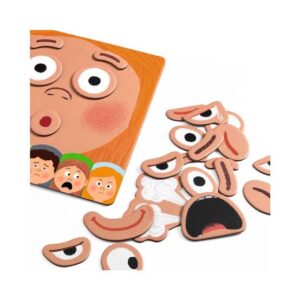 Contenido de Emotico Djeco con tablero cartas y piezas de expresiones