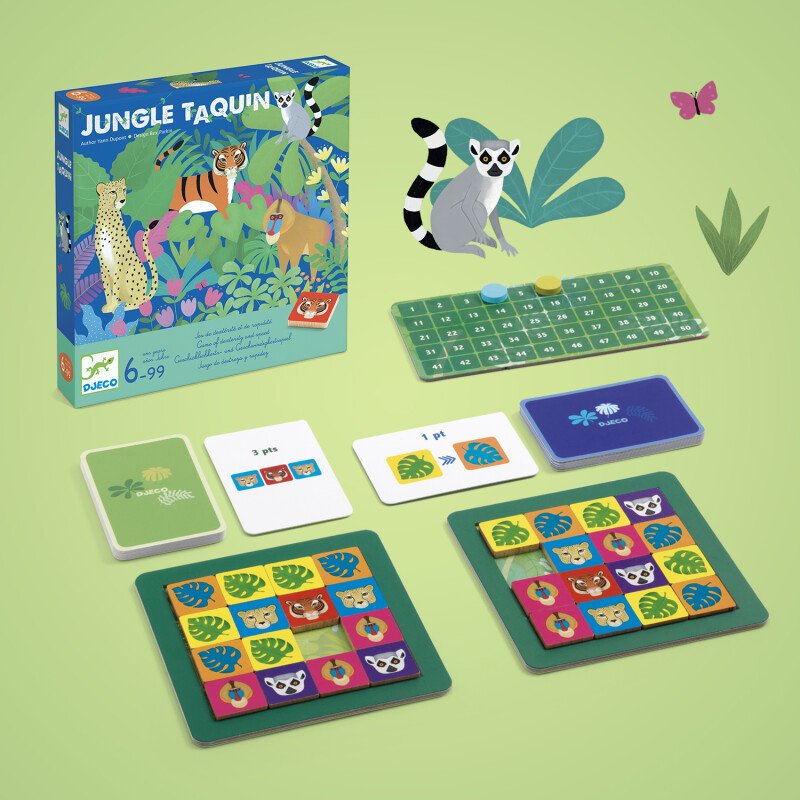 Contenido Jungle Taquin Djeco Contenido de Jungle Taquin Djeco con tableros fichas y cartas reto